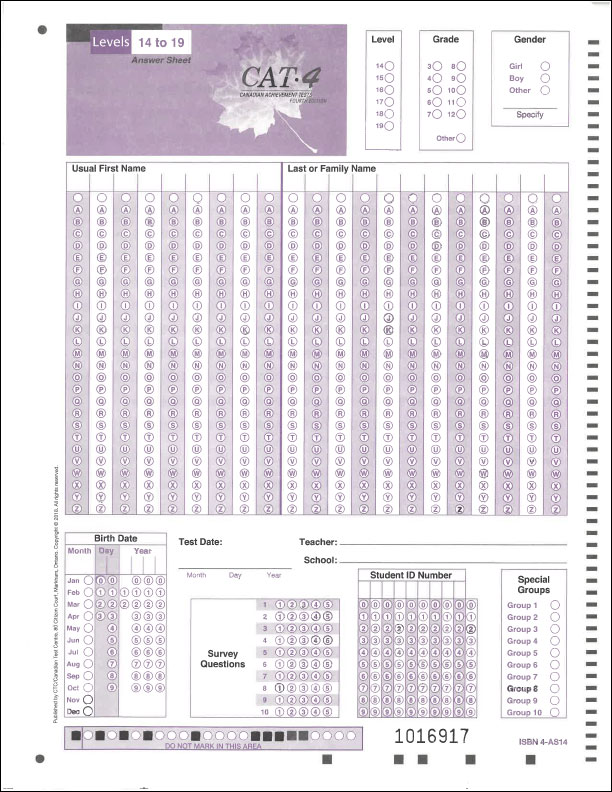 CAT4 Lv14-19 Machine-Scannable Answer Sheet