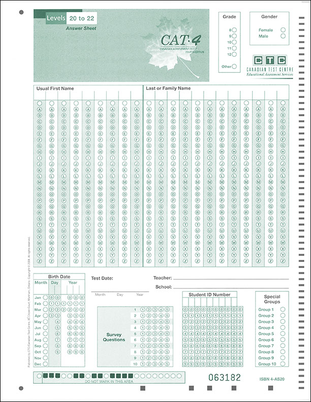 CAT4 Lv20-22 Machine-Scannable Answer Sheet