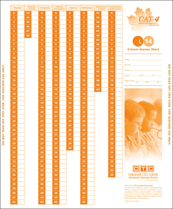 CAT4 Lv14 U-Score Answer Sheet