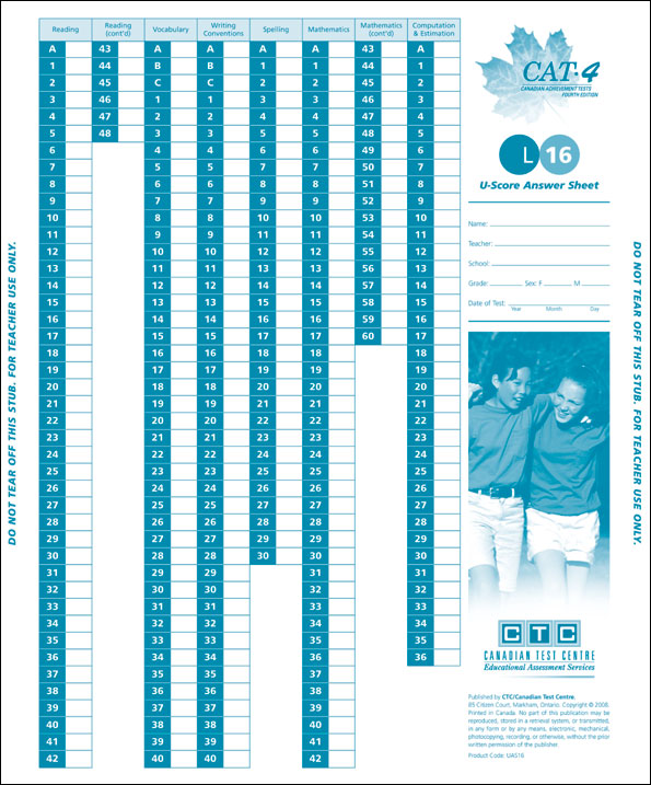 CAT4 Lv16 U-Score Answer Sheet