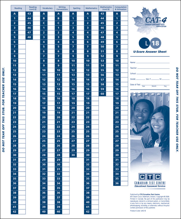 CAT4 Lv18 U-Score Answer Sheet